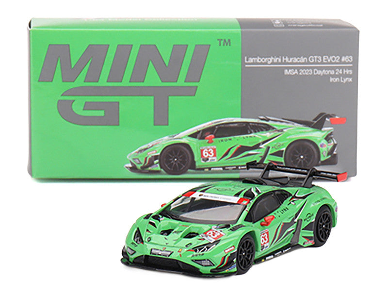 Lamborghini Huracan GT3 EVO2 #63 Mirko Bortolotti - Andrea Caldarelli - Romain Grosjean - Jordan Pepper "Iron Lynx" "24 Hours of Daytona" (2023) Limited Edition 1/64 Diecast Model Car by Mini GT-2
