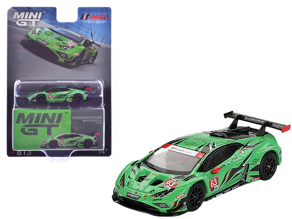 Lamborghini Huracan GT3 EVO2 #63 Mirko Bortolotti - Andrea Caldarelli - Romain Grosjean - Jordan Pepper "Iron Lynx" "24 Hours of Daytona" (2023) Limited Edition 1/64 Diecast Model Car by Mini GT-3