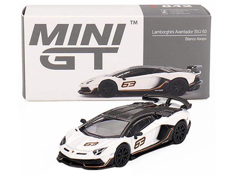Lamborghini Aventador SVJ 63 Bianco Asopo White with Carbon Top Limited Edition 1/64 Diecast Model Car by Mini GT