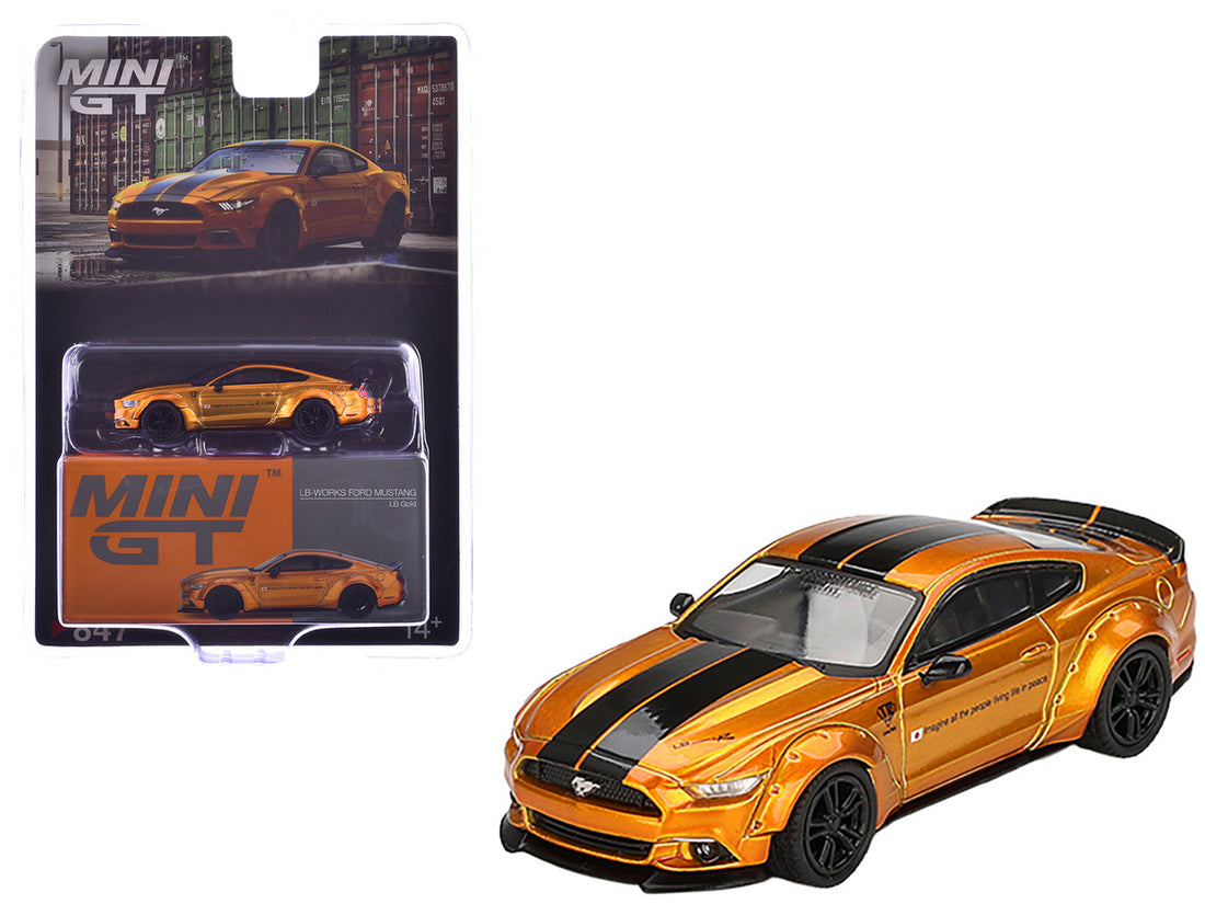 Ford Mustang "LB-Works" LB Gold Metallic with Black Stripes Limited Edition 1/64 Diecast Model Car by Mini GT-3