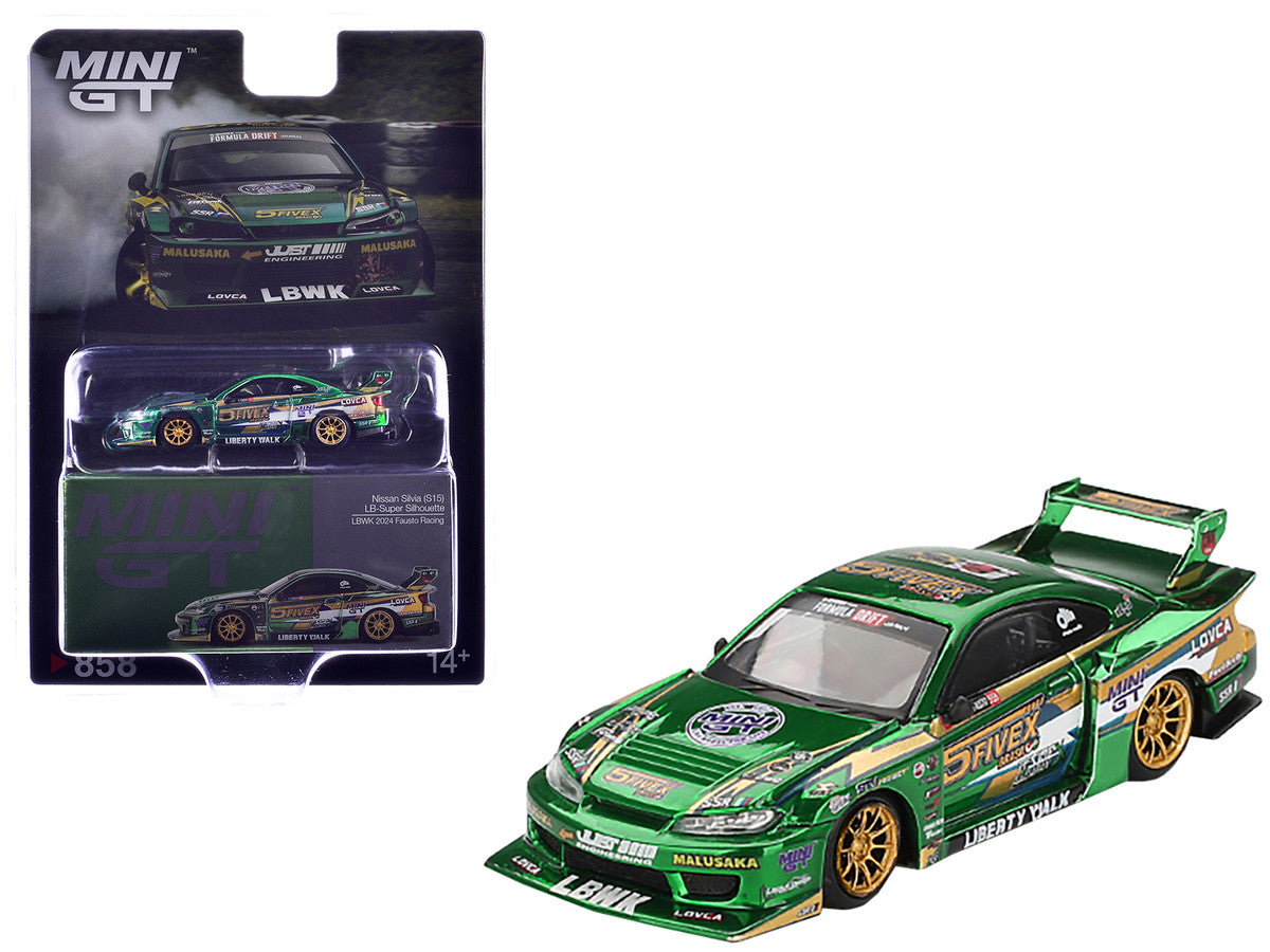 Nissan Silvia (S15) LB-Super Silhouette RHD (Right Hand Drive) "Fausto Racing 2024" Green Metallic Limited Edition 1/64 Diecast Model Car by Mini GT-3