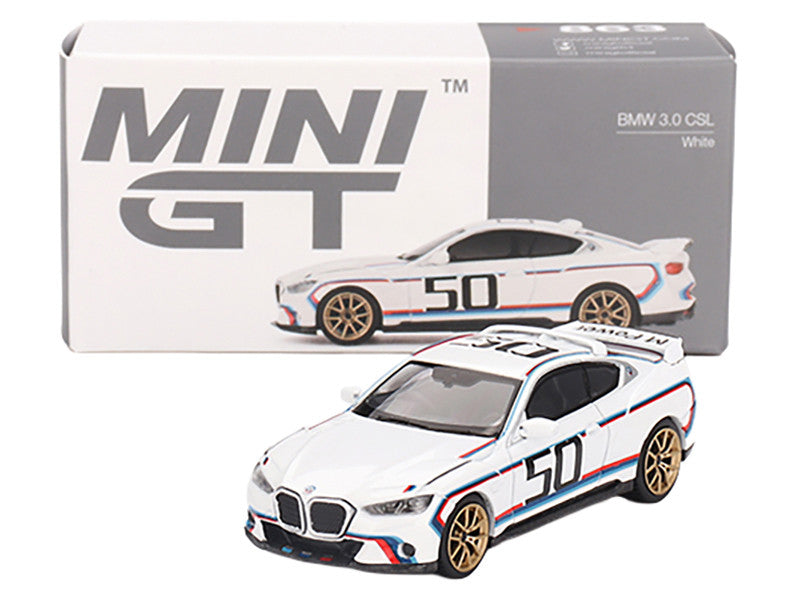 BMW 3.0 CSL #50 White with Blue and Red Stripes and Gold Wheels Limited Edition 1/64 Diecast Model Car by Mini GT
