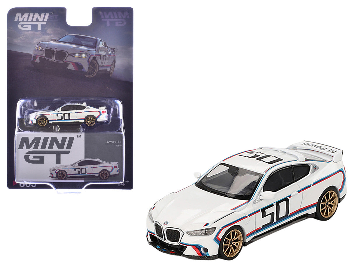 BMW 3.0 CSL #50 White with Blue and Red Stripes and Gold Wheels Limited Edition 1/64 Diecast Model Car by Mini GT 3