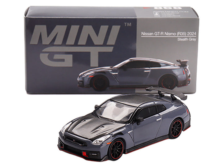 2024 Nissan GT-R Nismo (R35) Stealth Gray with Carbon Hood and Top Limited Edition 1/64 Diecast Model Car by Mini GT-0