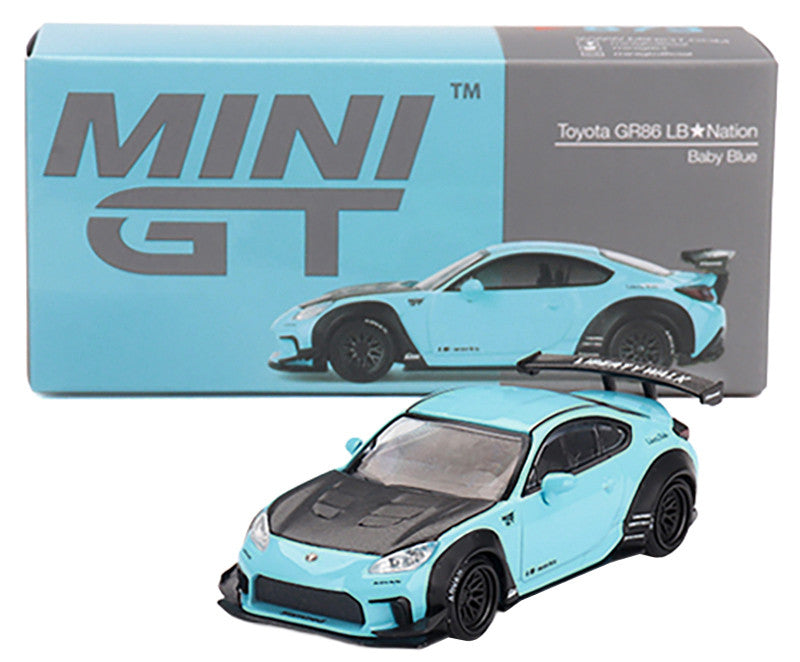 Toyota GR86 "LB-Nation - Liberty Walk" Baby Blue with Carbon Hood Limited Edition 1/64 Diecast Model Car by Mini GT-2