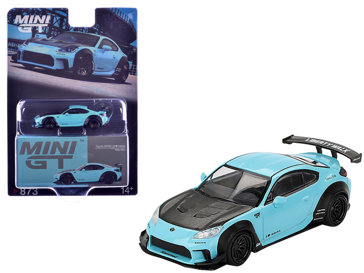 Toyota GR86 "LB-Nation - Liberty Walk" Baby Blue with Carbon Hood Limited Edition 1/64 Diecast Model Car by Mini GT-3