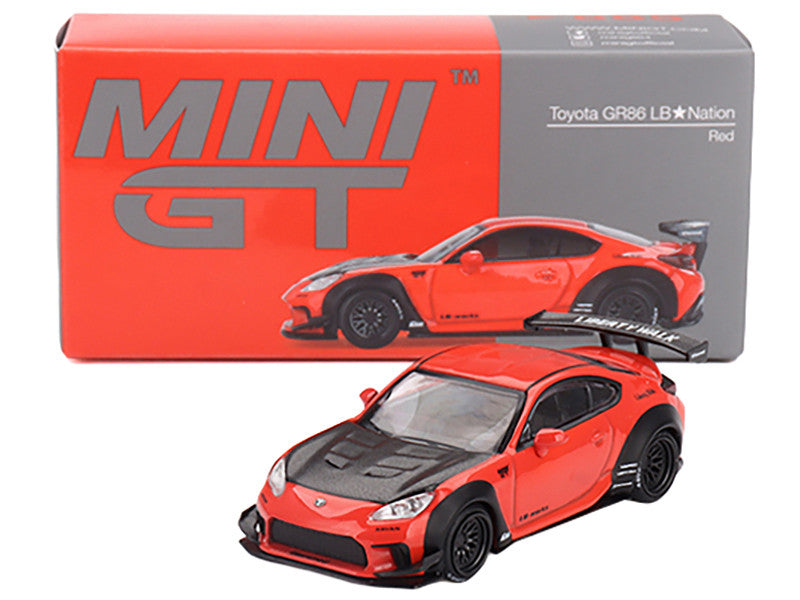 Toyota GR86 "LB-Nation - Liberty Walk" Red with Carbon Hood Limited Edition 1/64 Diecast Model Car by Mini GT-2