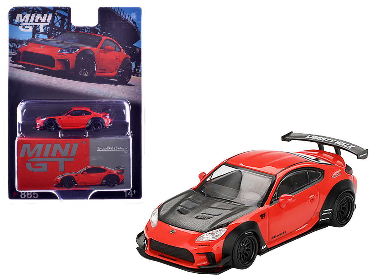 Toyota GR86 "LB-Nation - Liberty Walk" Red with Carbon Hood Limited Edition 1/64 Diecast Model Car by Mini GT-3