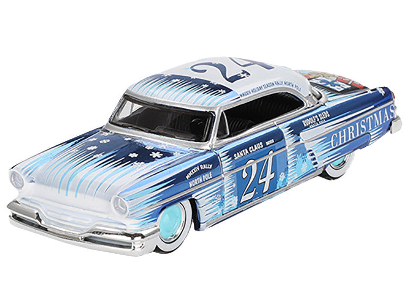 1954 Lincoln Capri "Christmas Hot Rod 2024 Edition by Tim Sadchikov" #24 Blue Metallic with Christmas Graphics and Lincoln Capri Tree Ornament Limited Edition to 9999 pieces Worldwide 1/64 Diecast Model Car by Mini GT-2