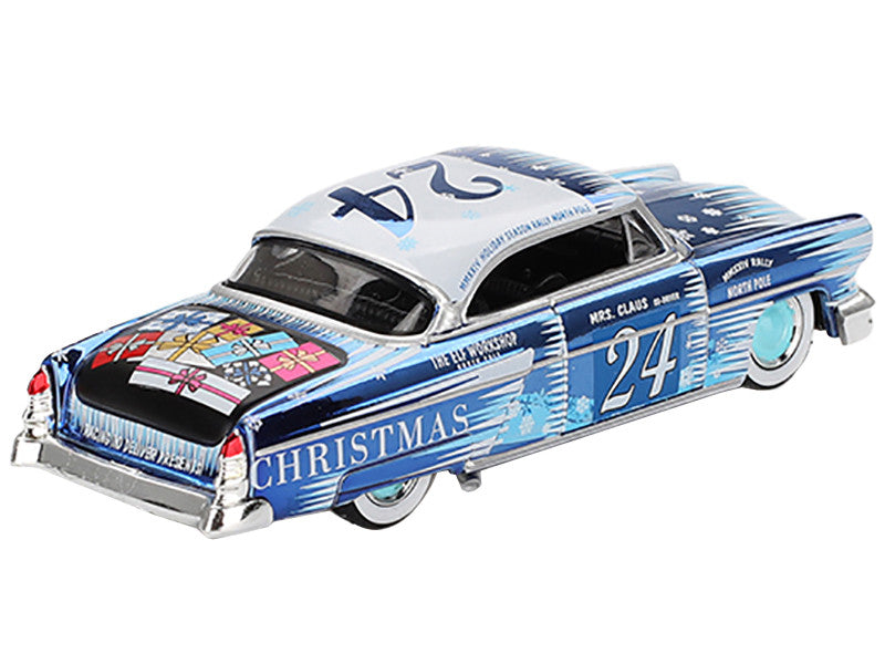 1954 Lincoln Capri "Christmas Hot Rod 2024 Edition by Tim Sadchikov" #24 Blue Metallic with Christmas Graphics and Lincoln Capri Tree Ornament Limited Edition to 9999 pieces Worldwide 1/64 Diecast Model Car by Mini GT-3