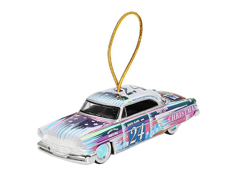 1954 Lincoln Capri "Christmas Hot Rod 2024 Edition by Tim Sadchikov" #24 Blue Metallic with Christmas Graphics and Lincoln Capri Tree Ornament Limited Edition to 9999 pieces Worldwide 1/64 Diecast Model Car by Mini GT-1