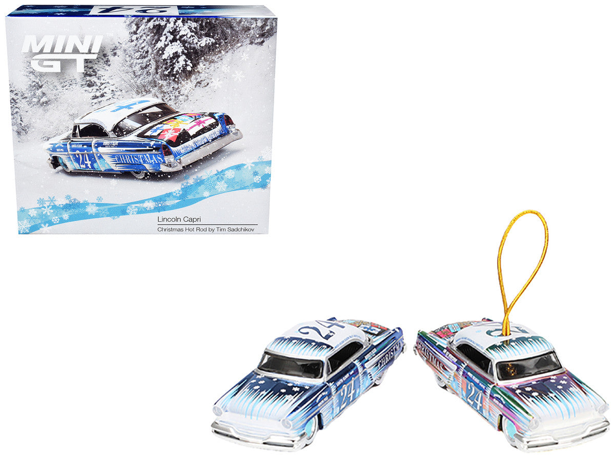1954 Lincoln Capri "Christmas Hot Rod 2024 Edition by Tim Sadchikov" #24 Blue Metallic with Christmas Graphics and Lincoln Capri Tree Ornament Limited Edition to 9999 pieces Worldwide 1/64 Diecast Model Car by Mini GT-4