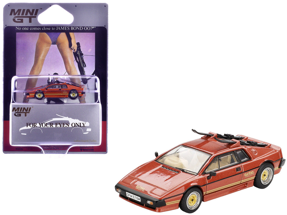 Lotus Esprit Turbo RHD (Right Hand Drive) Copper Fire Metallic with Skiis 007 James Bond "For Your Eyes Only" (1981) Movie Limited Edition 1/64 Diecast Model Car by Mini GT 2