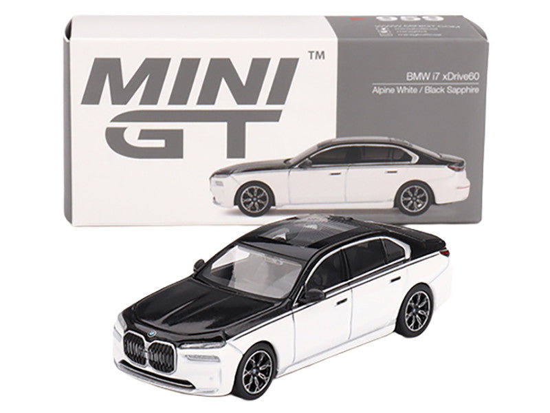 BMW i7 xDrive60 Dravit Alpine White and Black Sapphire Limited Edition 1/64 Diecast Model Car by Mini GT