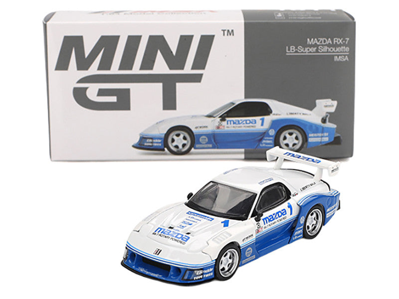 Mazda RX-7 LB-Super Silhouette RHD (Right Hand Drive) "IMSA" White and Blue Limited Edition 1/64 Diecast Model Car by Mini GT-2
