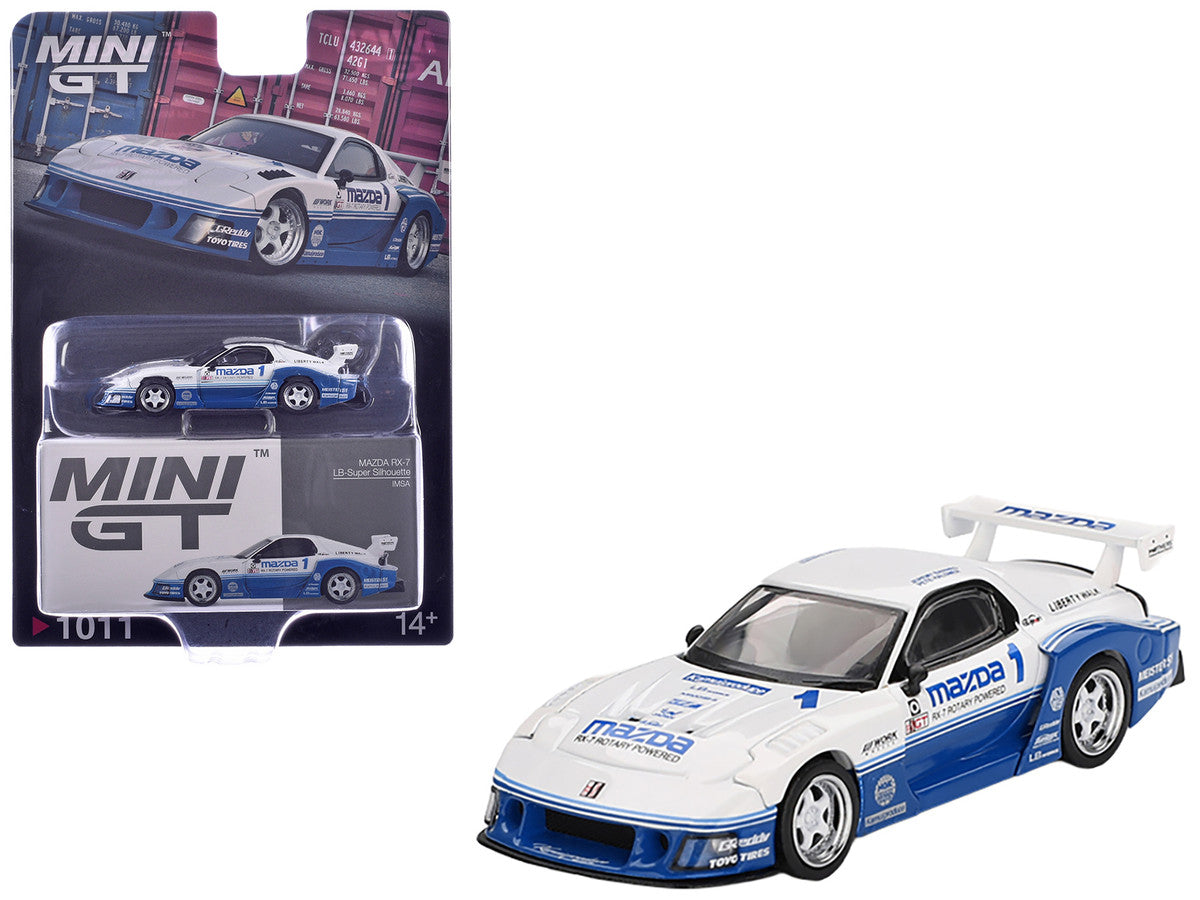 Mazda RX-7 LB-Super Silhouette RHD (Right Hand Drive) "IMSA" White and Blue Limited Edition 1/64 Diecast Model Car by Mini GT-3
