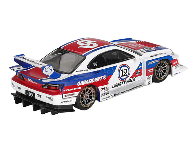 Nissan "LB-Super Silhouette" S15 SILVIA RHD (Right Hand Drive) "GARASIDRIFT x LBWK 2025" White with Blue and Red Stripes Limited Edition 1/64 Diecast Model Car by Mini GT 2