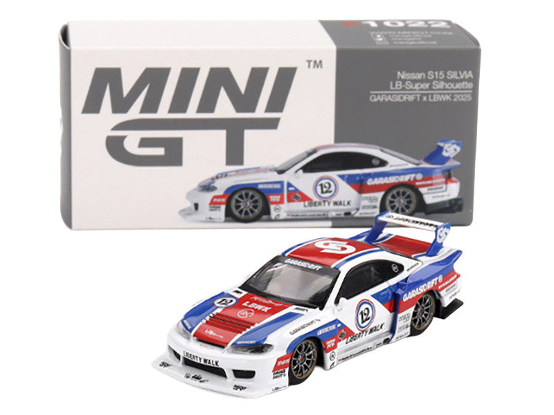 Nissan "LB-Super Silhouette" S15 SILVIA RHD (Right Hand Drive) "GARASIDRIFT x LBWK 2025" White with Blue and Red Stripes Limited Edition 1/64 Diecast Model Car by Mini GT 3