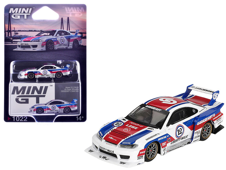 Nissan "LB-Super Silhouette" S15 SILVIA RHD (Right Hand Drive) "GARASIDRIFT x LBWK 2025" White with Blue and Red Stripes Limited Edition 1/64 Diecast Model Car by Mini GT 4