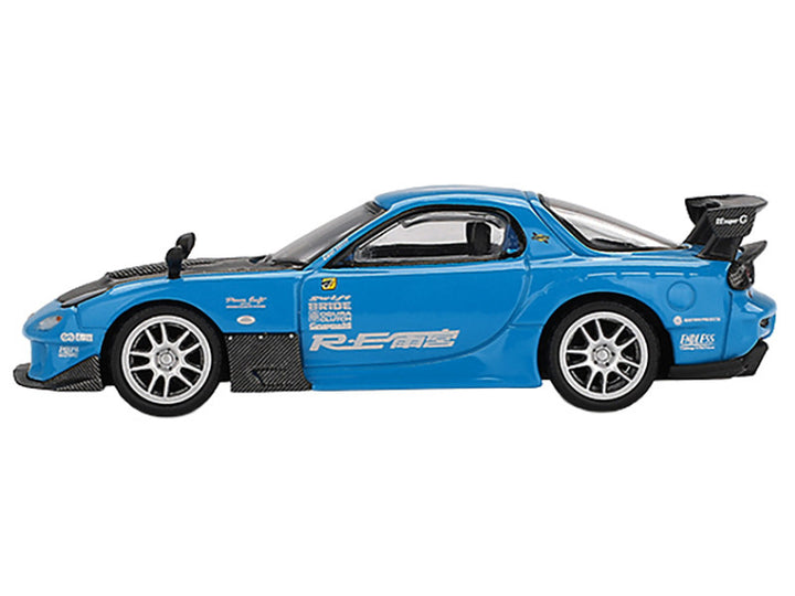 Mazda RX-7 RE-Amemiya 20B NA 3ROTOR-7 RHD (Right Hand Drive) "Ama-san Go" Blue with Carbon Hood Limited Edition 1/64 Diecast Model Car by Mini GT-1