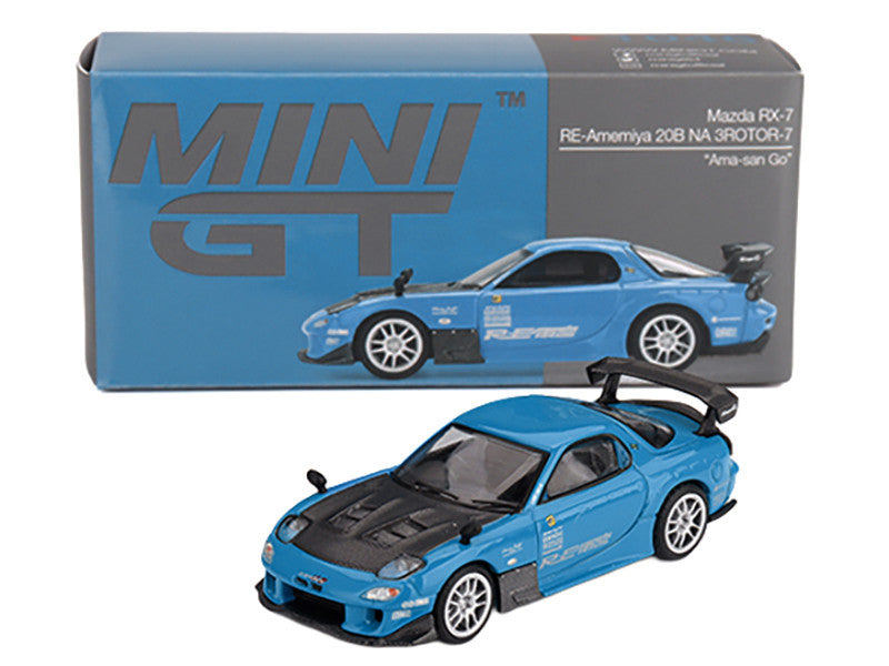 Mazda RX-7 RE-Amemiya 20B NA 3ROTOR-7 RHD (Right Hand Drive) "Ama-san Go" Blue with Carbon Hood Limited Edition 1/64 Diecast Model Car by Mini GT-2