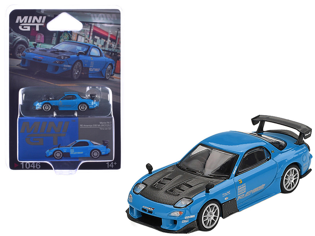 Mazda RX-7 RE-Amemiya 20B NA 3ROTOR-7 RHD (Right Hand Drive) "Ama-san Go" Blue with Carbon Hood Limited Edition 1/64 Diecast Model Car by Mini GT-3