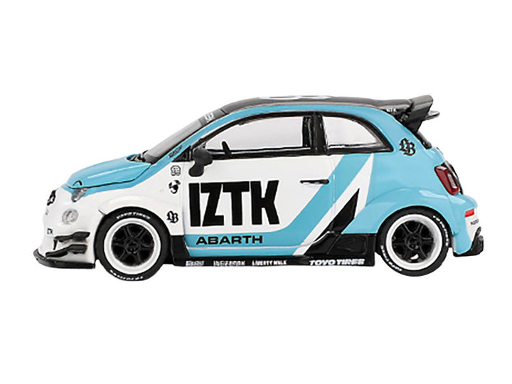 ABARTH 595 "LB-Works x Abas Works - IZTK" Light Blue and White with Black Top Limited Edition 1/64 Diecast Model Car by Mini GT-0