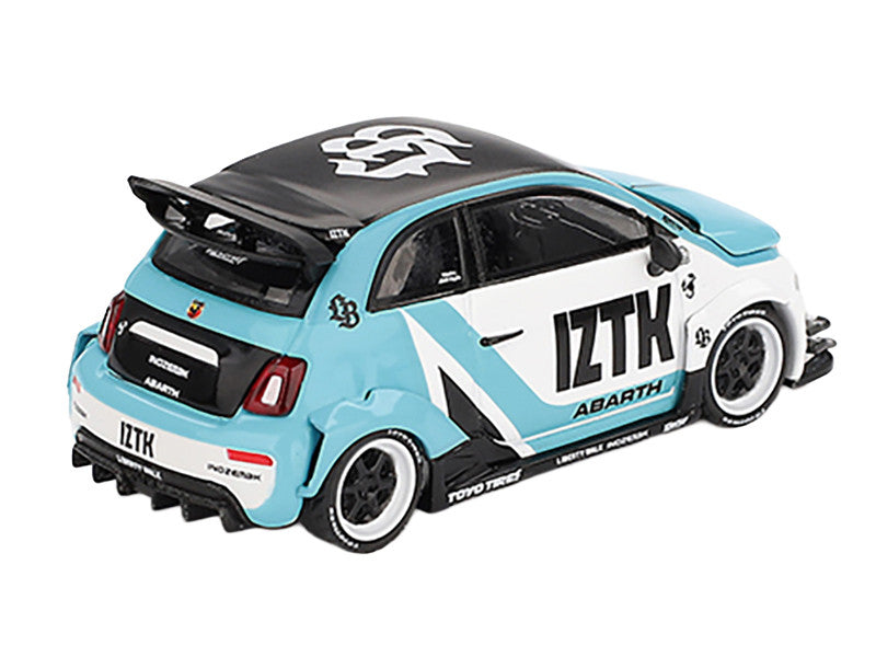 ABARTH 595 "LB-Works x Abas Works - IZTK" Light Blue and White with Black Top Limited Edition 1/64 Diecast Model Car by Mini GT-1