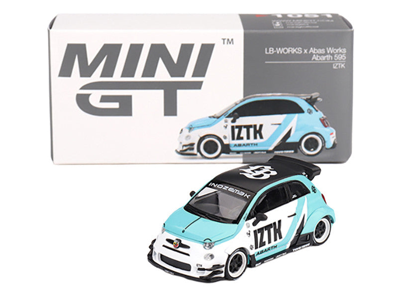 ABARTH 595 "LB-Works x Abas Works - IZTK" Light Blue and White with Black Top Limited Edition 1/64 Diecast Model Car by Mini GT-2