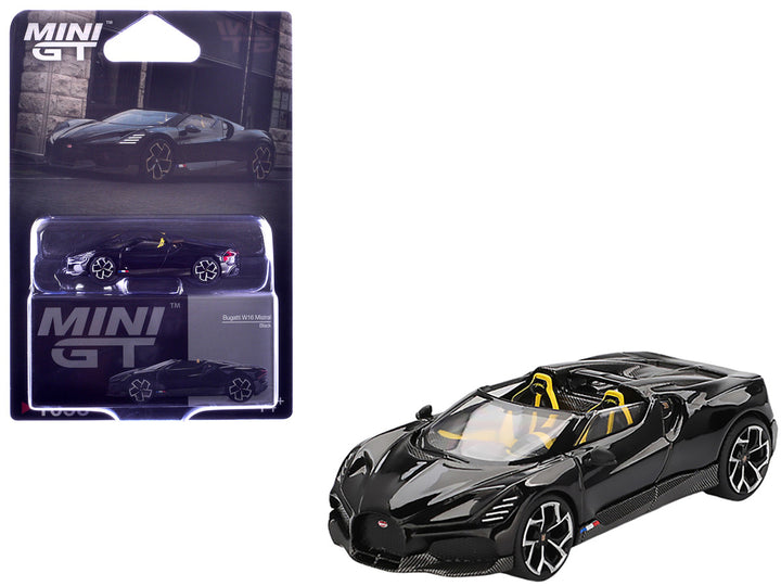 Bugatti W16 Mistral Black with Yellow Interior Limited Edition 1/64 Diecast Model Car by Mini GT-3