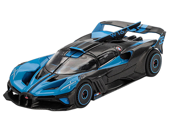 Front three-quarter view of Bugatti Bolide Presentation Blue 1:64 diecast model by Mini GT