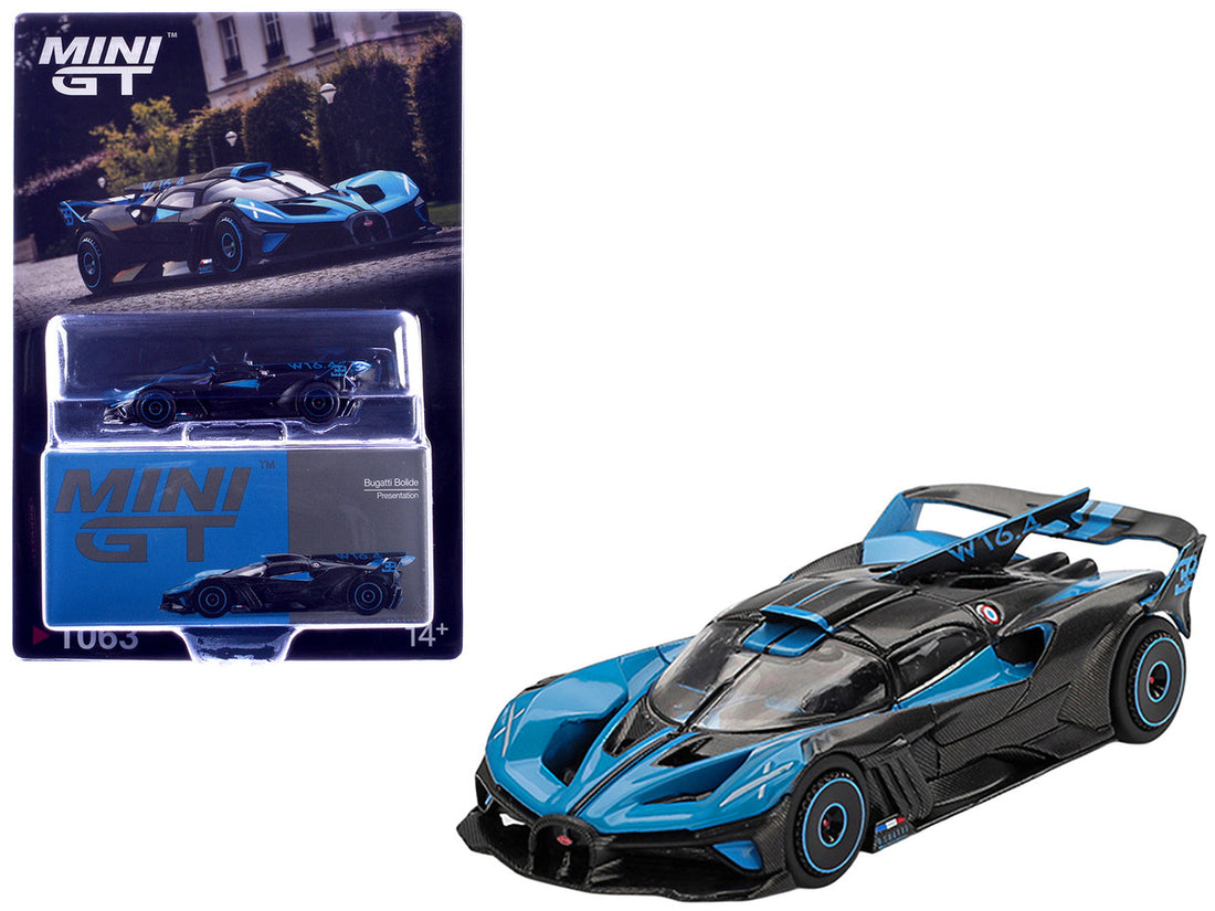 Bugatti Bolide Presentation Blue and Carbon Fiber Limited Edition 1/64 Diecast Model Car by Mini GT