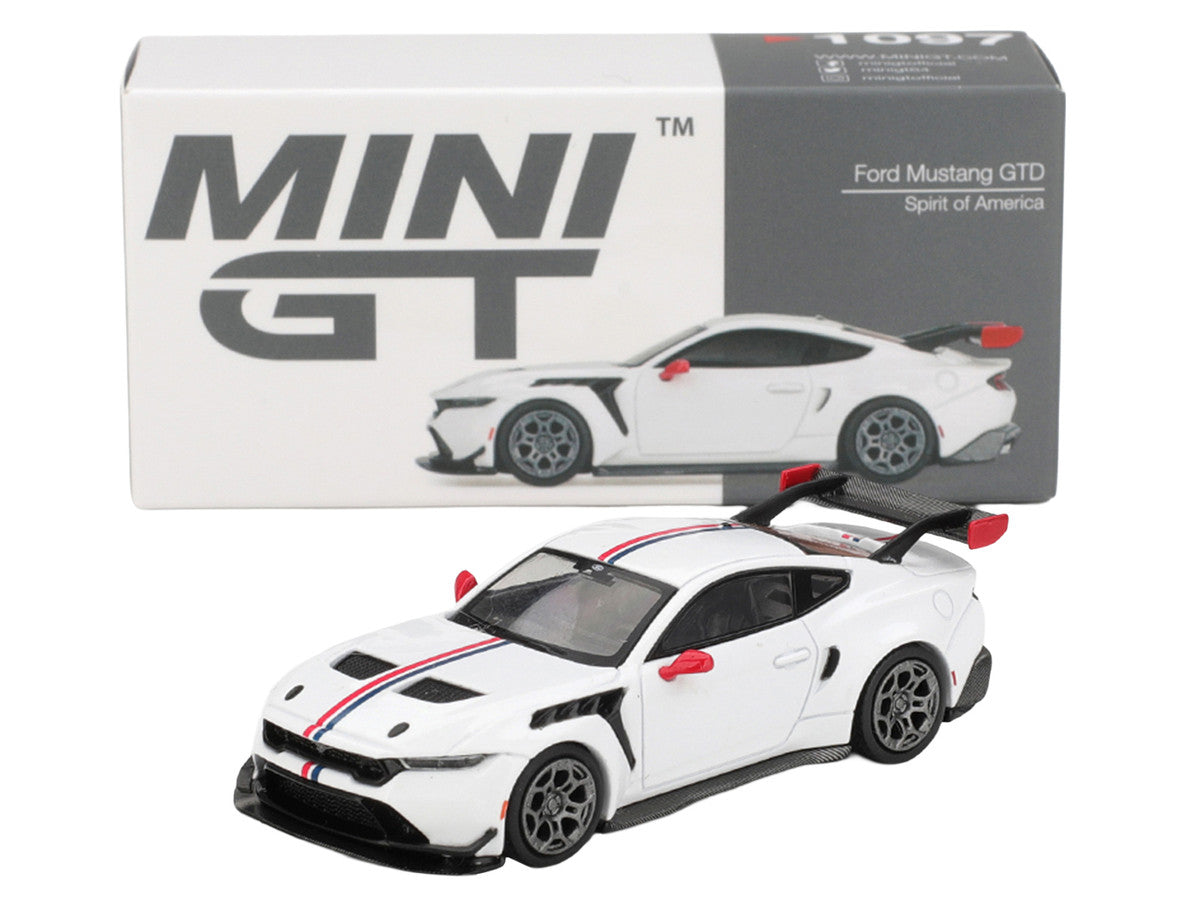 Mini GT Ford Mustang GTD Spirit of America white red and blue 1:64 model