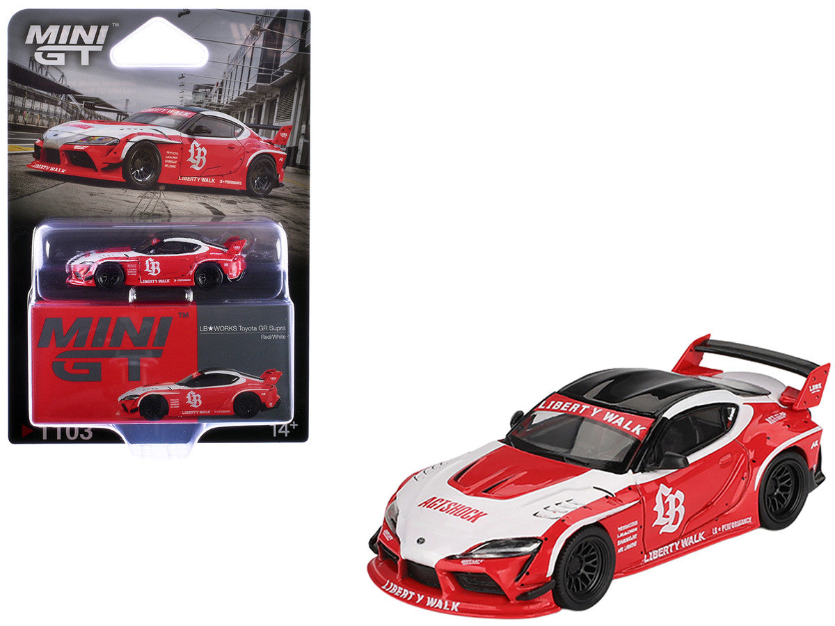 Toyota GR Supra "LB-Works" Red with White Stripes and Black Top Limited Edition 1/64 Diecast Model Car by Mini GT 4