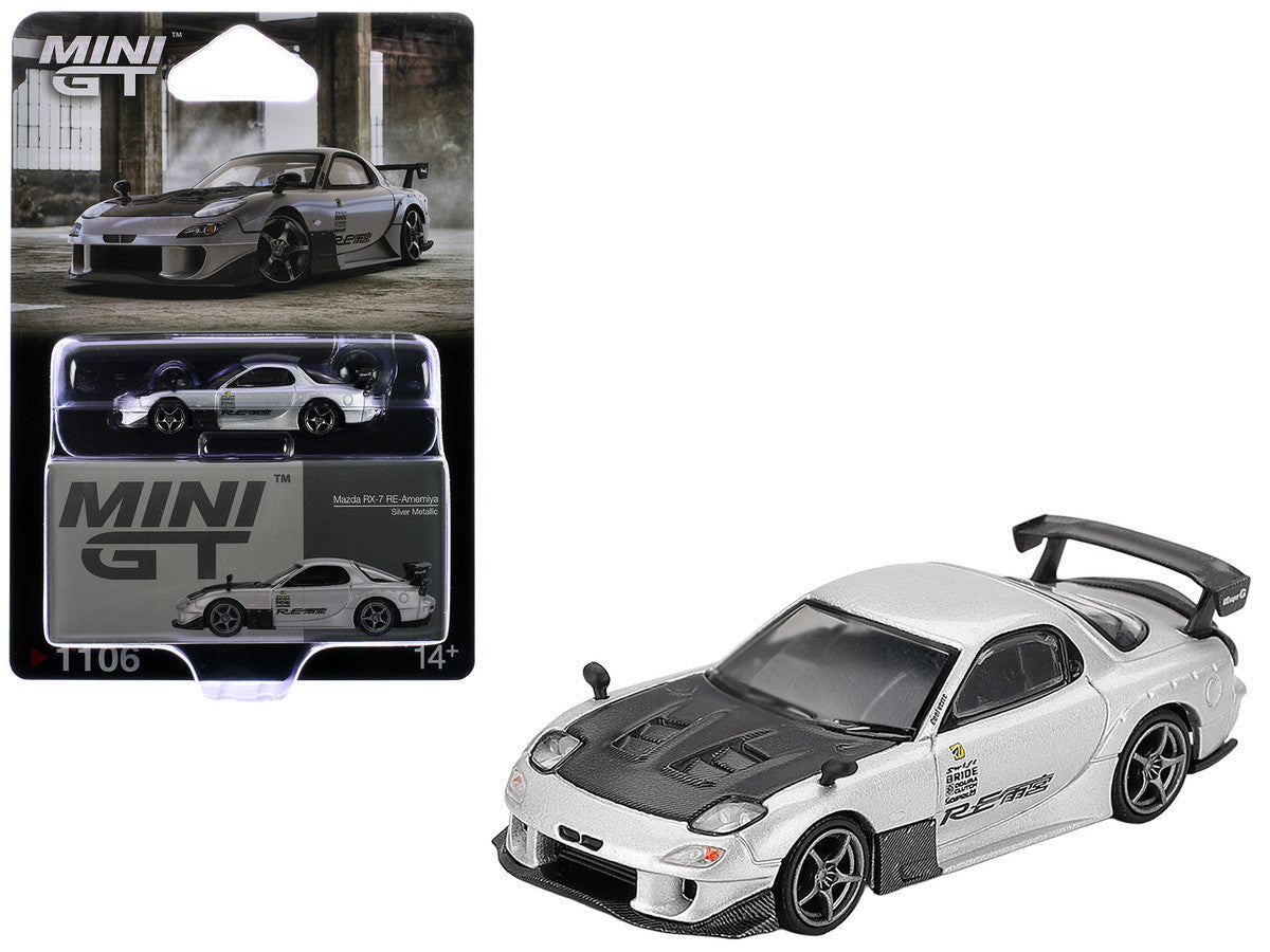 Mazda RX-7 RE-Amemiya Silver Metallic with Matt Black Hood Limited Edition 1/64 Diecast Model Car by Mini GT 4