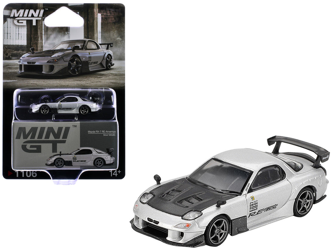 Mazda RX-7 RE-Amemiya Silver Metallic with Matt Black Hood Limited Edition 1/64 Diecast Model Car by Mini GT 4