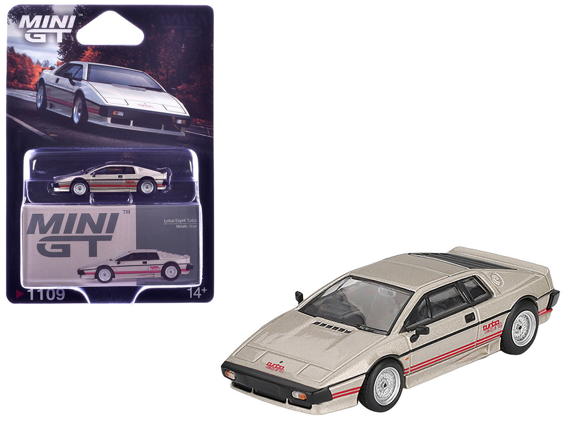 Lotus Esprit Turbo Silver Metallic with Red Stripes Limited Edition 1/64 Diecast Model Car by Mini GT 4
