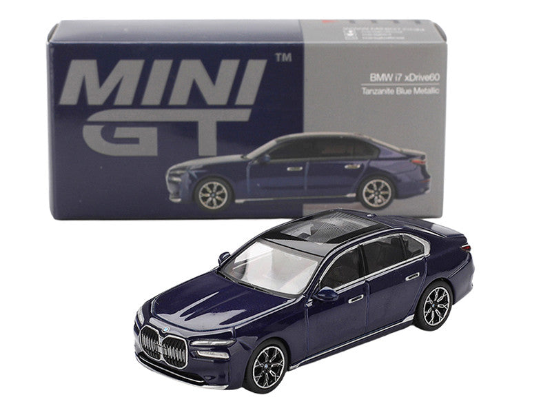 BMW i7 xDrive60 Tanzanite Blue Metallic with Sun Roof Limited Edition 1/64 Diecast Model Car by Mini GT-1