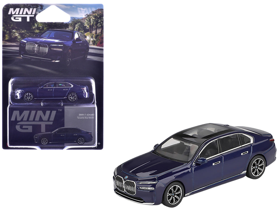 BMW i7 xDrive60 Tanzanite Blue Metallic with Sun Roof Limited Edition 1/64 Diecast Model Car by Mini GT-3