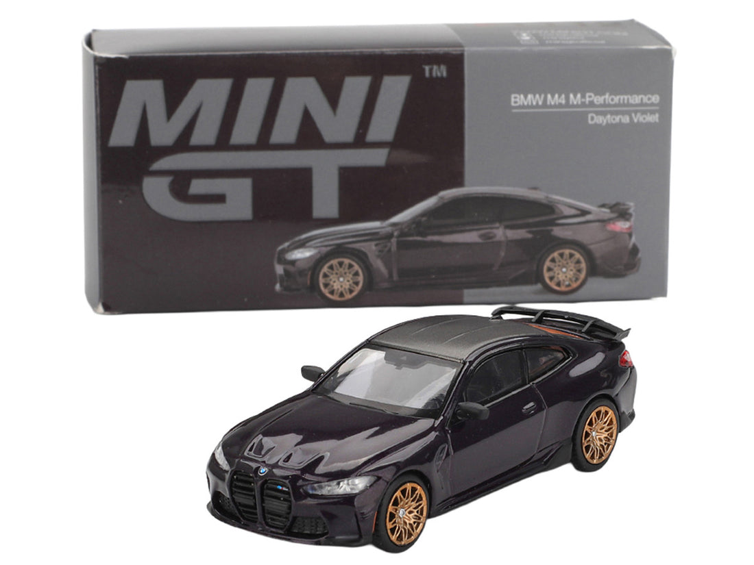 Mini GT BMW M4 Daytona Violet diecast model with carbon top