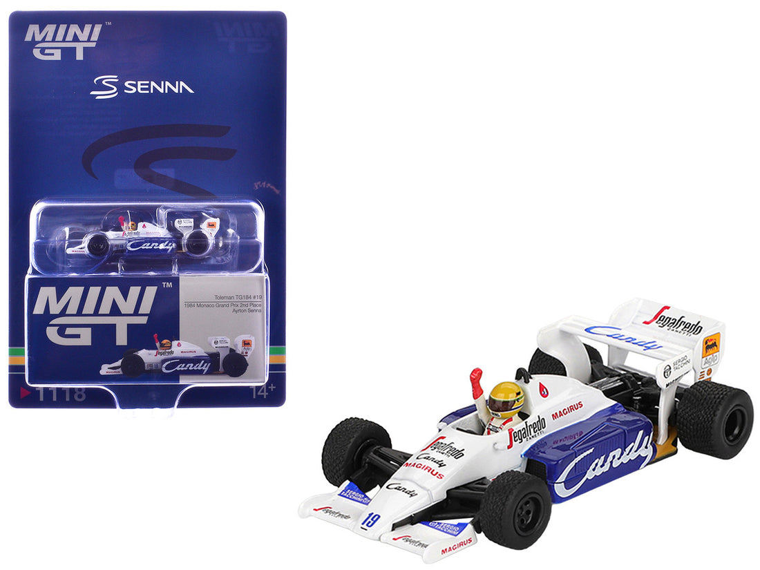 Toleman TG184 #19 Ayrton Senna 2nd Place Formula One F1 "Monaco GP" (1984) with Driver Figure Limited Edition 1/64 Diecast Model Car by Mini GT-0