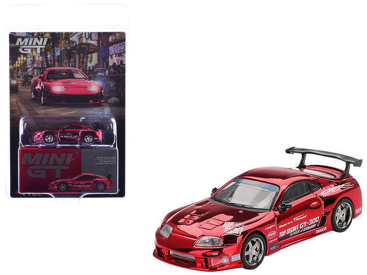 Mini GT Top Secret Toyota Supra GT-300 red chrome diecast and blister packaging