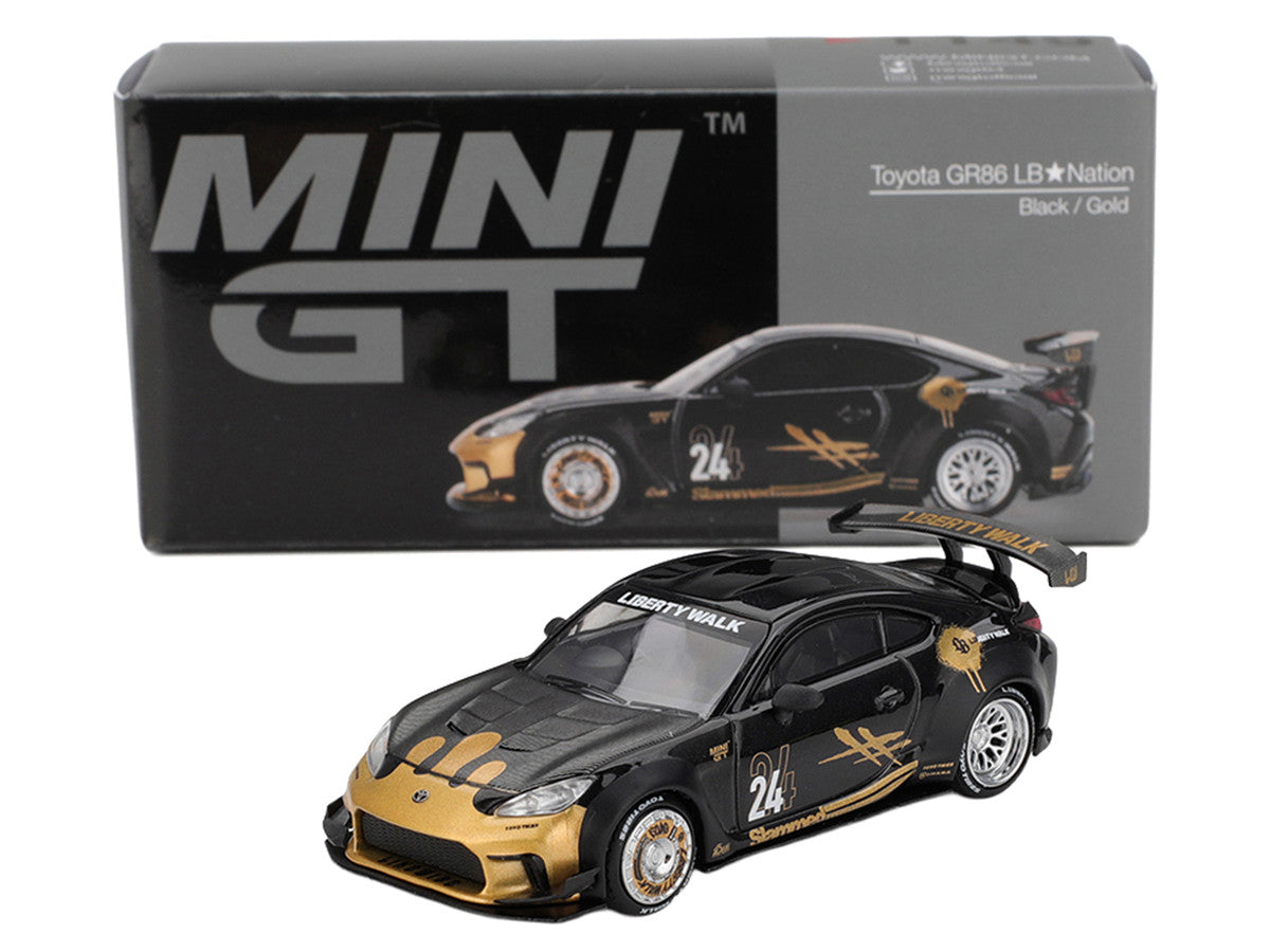 Toyota GR86 "LB-Nation - Liberty Walk" #24 Black with Carbon Hood and Gold Graphics Limited Edition 1/64 Diecast Model Car by Mini GT 3