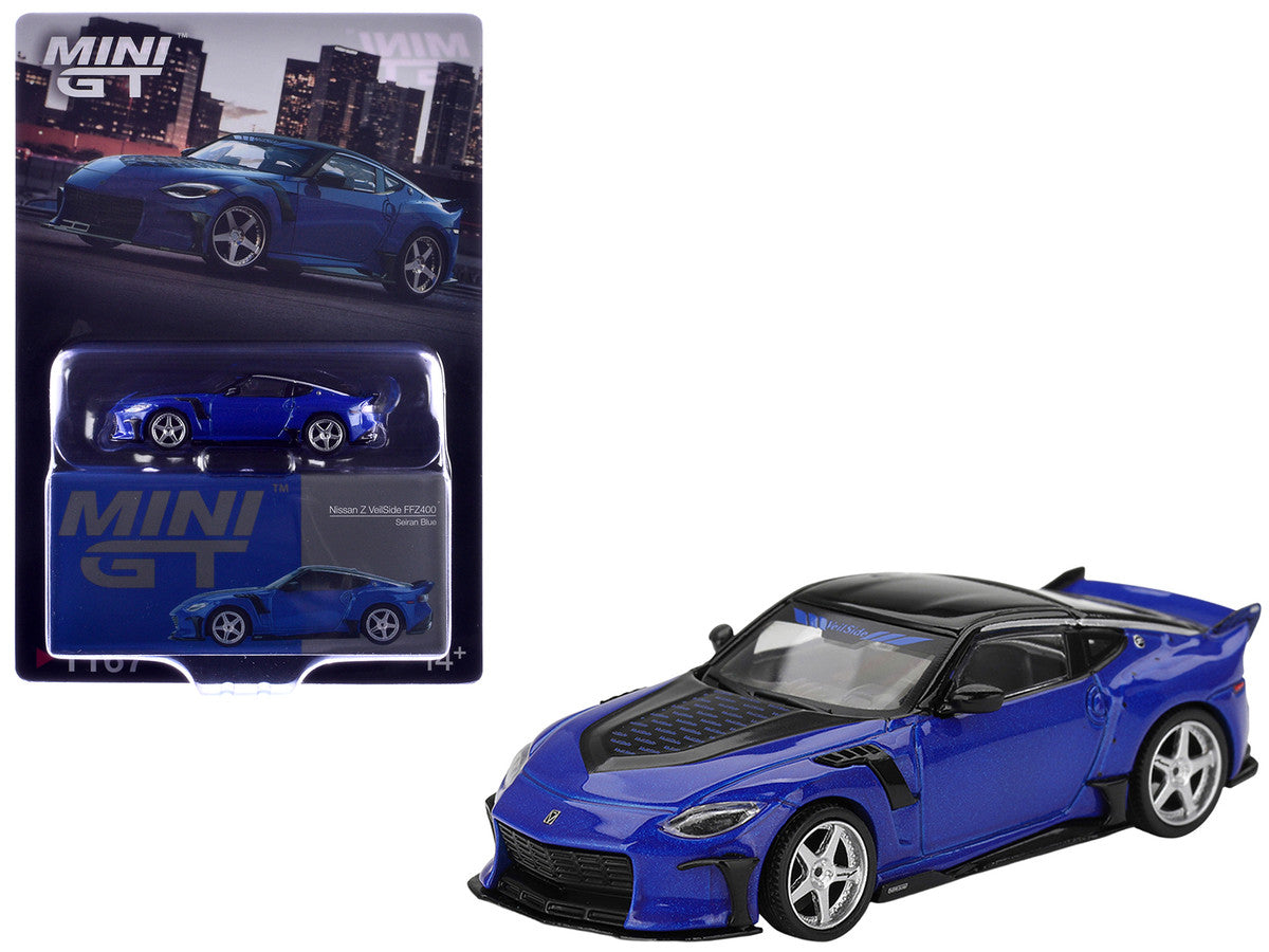 Nissan Z VeilSide FFZ400 Seiran Blue 1:64 Mini GT diecast with blister packaging