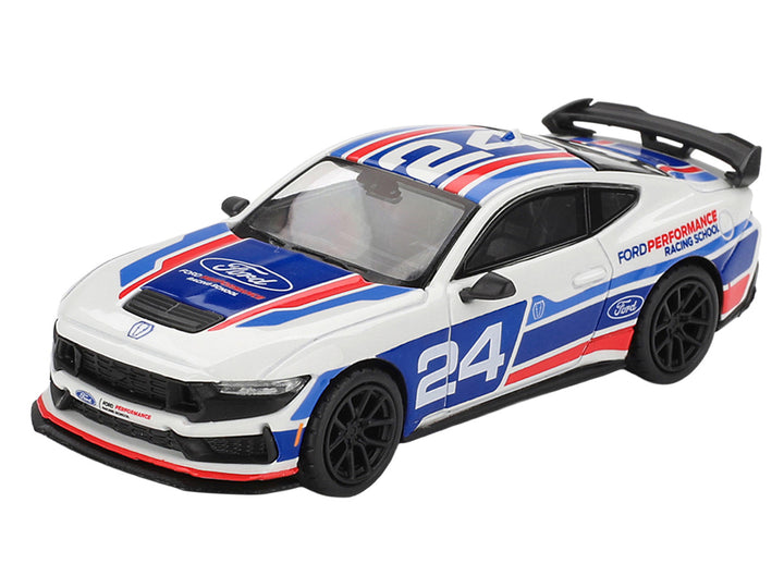 Mini GT Ford Mustang Dark Horse #24 white red and blue racing diecast model