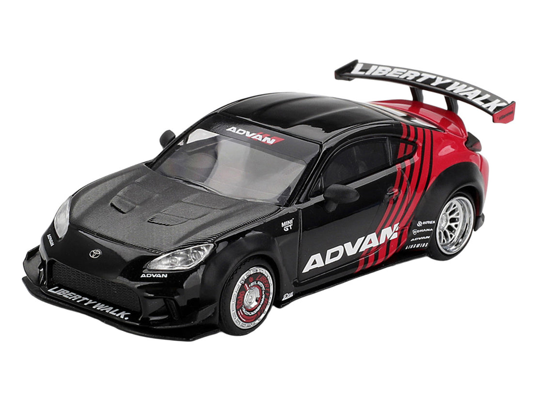 Toyota GR86 "LB-Nation - Liberty Walk" RHD (Right Hand Drive) "ADVAN" Black and Red with Carbon Hood Limited Edition 1/64 Die Cast Model Car by Mini GT-0
