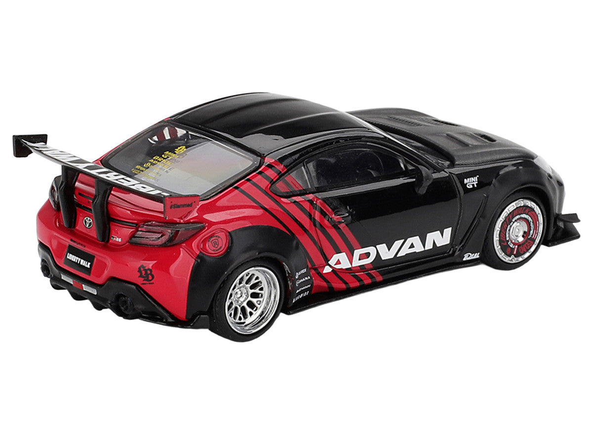 Toyota GR86 "LB-Nation - Liberty Walk" RHD (Right Hand Drive) "ADVAN" Black and Red with Carbon Hood Limited Edition 1/64 Die Cast Model Car by Mini GT-2