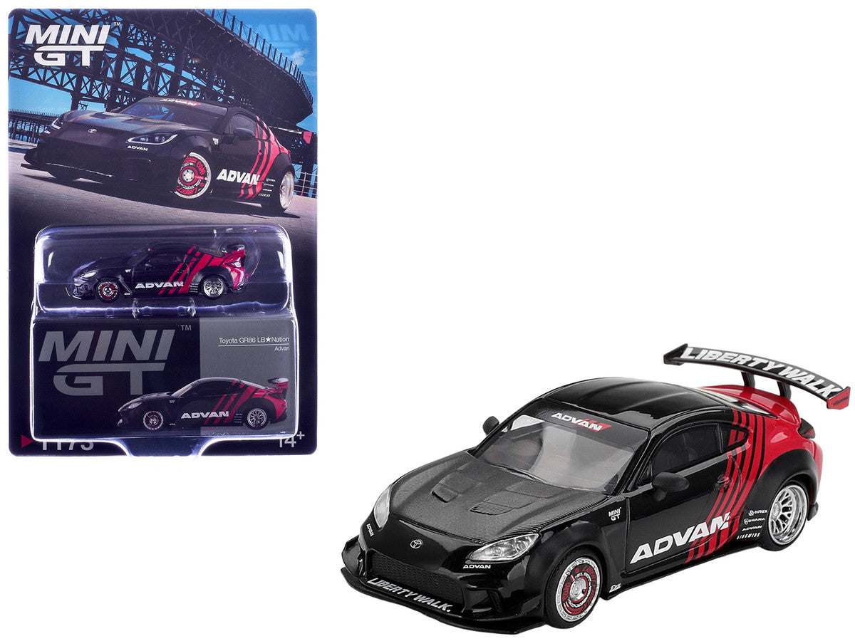 Toyota GR86 "LB-Nation - Liberty Walk" RHD (Right Hand Drive) "ADVAN" Black and Red with Carbon Hood Limited Edition 1/64 Die Cast Model Car by Mini GT-3