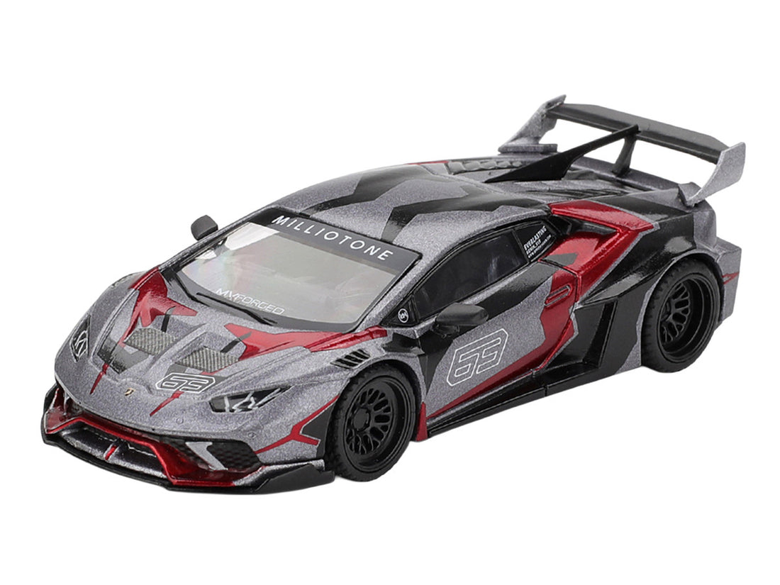 Lamborghini Huracan GT LB-WORKS "RONIN" Gray Metallic with Black and Red Graphics 1/64 Diecast Model Car by Mini GT-0