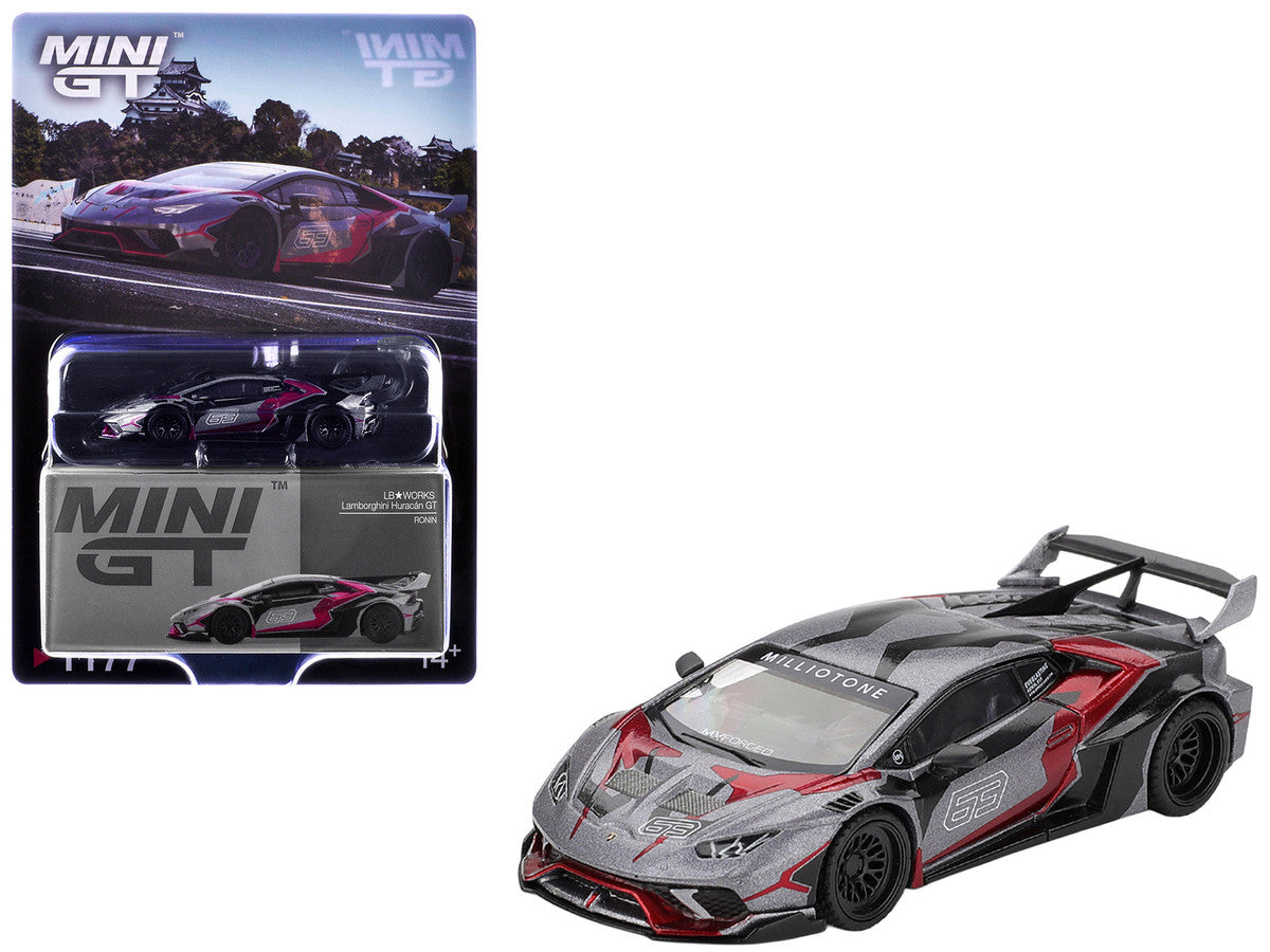 Lamborghini Huracan GT LB-WORKS "RONIN" Gray Metallic with Black and Red Graphics 1/64 Diecast Model Car by Mini GT-3